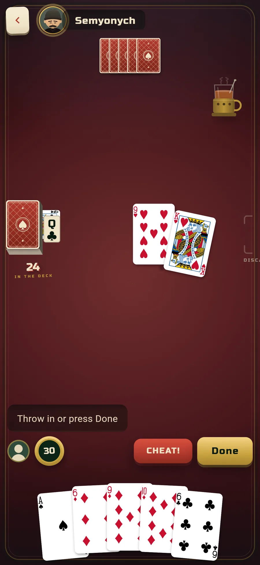 The check mid slide: a pair pulled apart on the felt so the hidden card underneath shows