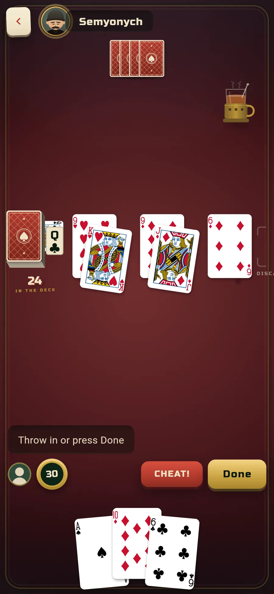 A burgundy cheat table: two pairs of nines beaten on the felt and a six of diamonds thrown in, matching nothing