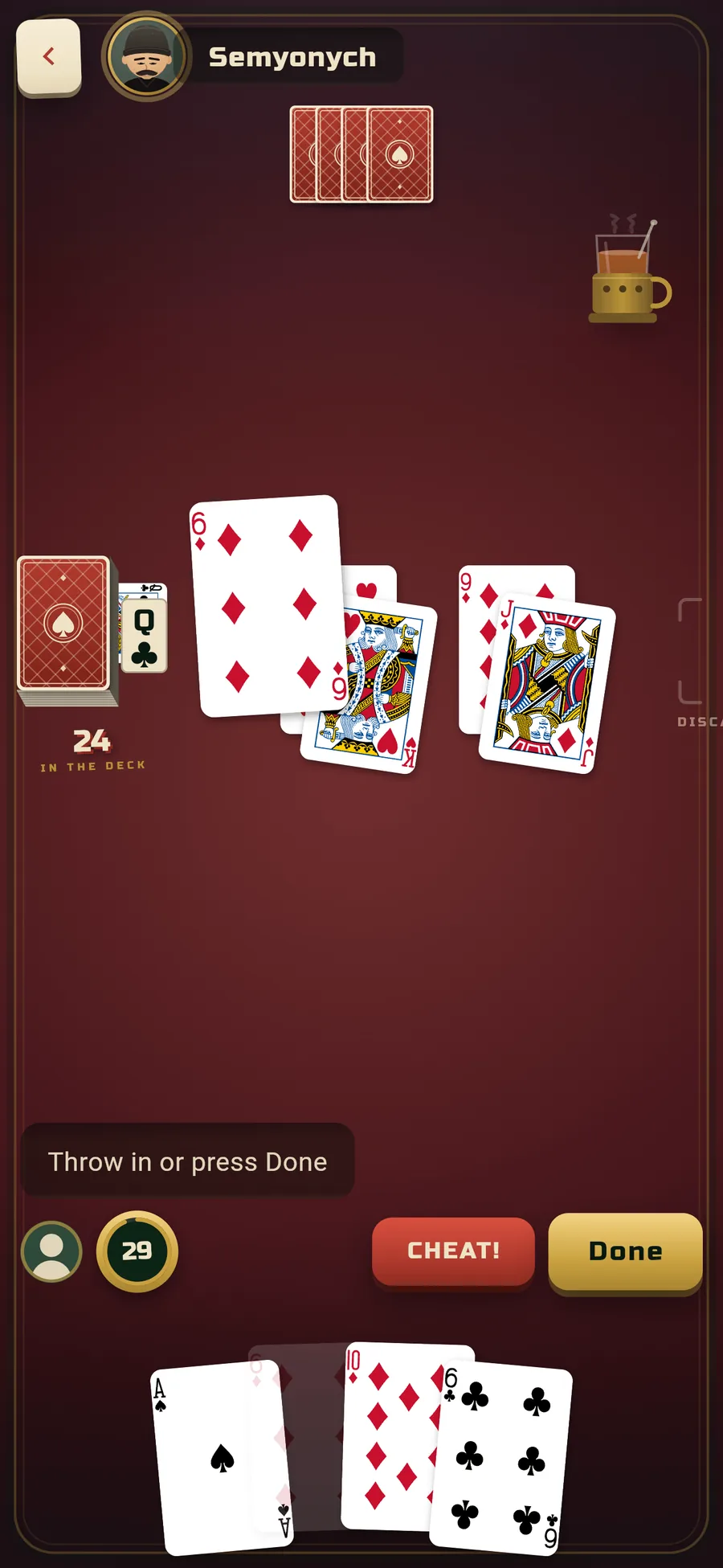 A six of diamonds dragged over the table above pairs it does not match