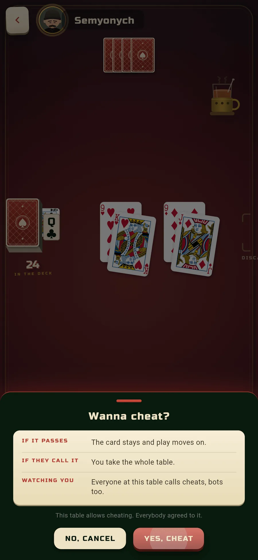 The same sheet with the red YES CHEAT button pressed